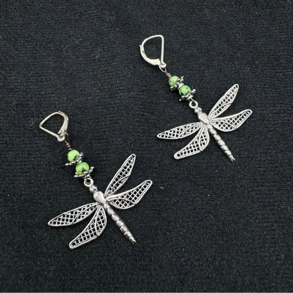 925 Stering Silver Dragonfly Dangle Hook Earrings Boho Nature Artisan Jewelry